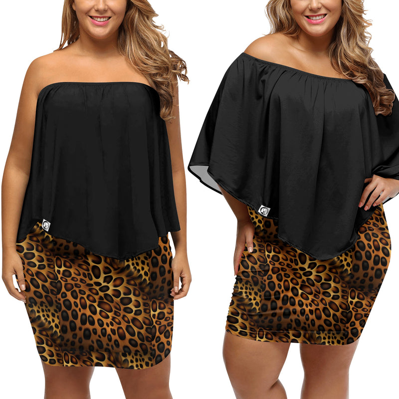 "Unleash Your Wild Side with Burkesgarb Women's Black/Leopard Print Off-the-shoulder Dress - A Perfect Blend of Chic and Fierce!"