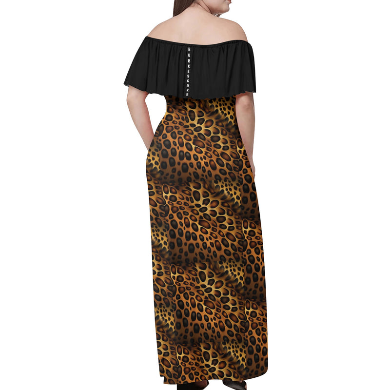 "Elevate Your Style with Burkesgarb Women's Black/Leopard Print Off-shoulder Long Dress - Embrace the Wild and Glamorous!"