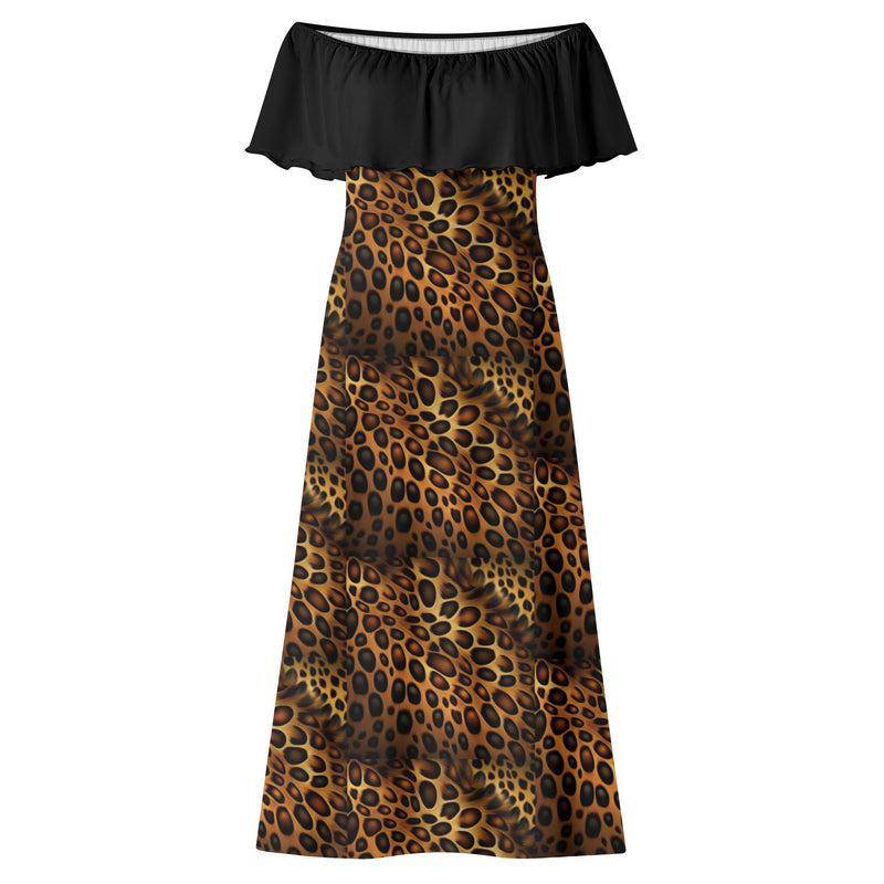"Elevate Your Style with Burkesgarb Women's Black/Leopard Print Off-shoulder Long Dress - Embrace the Wild and Glamorous!"