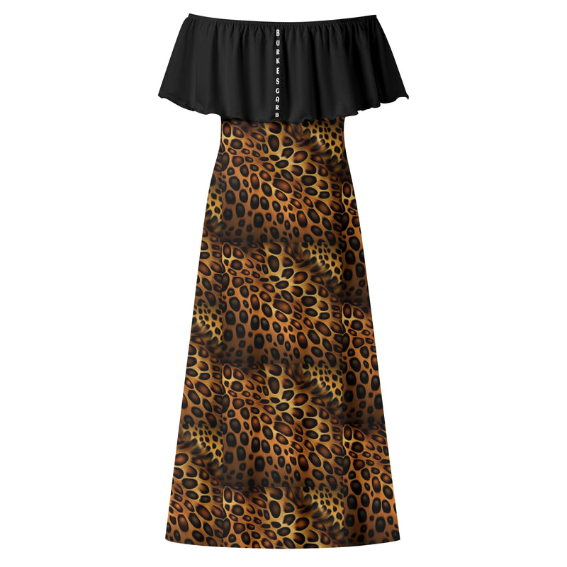 "Elevate Your Style with Burkesgarb Women's Black/Leopard Print Off-shoulder Long Dress - Embrace the Wild and Glamorous!"