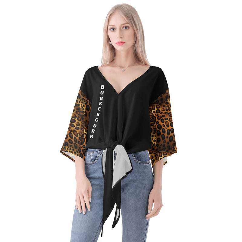 "Unleash Your Wild Side with Burkesgarb Women's Leopard Sleeve V-Neck Streamers Blouse - Embrace Elegance and Exotic Style!"