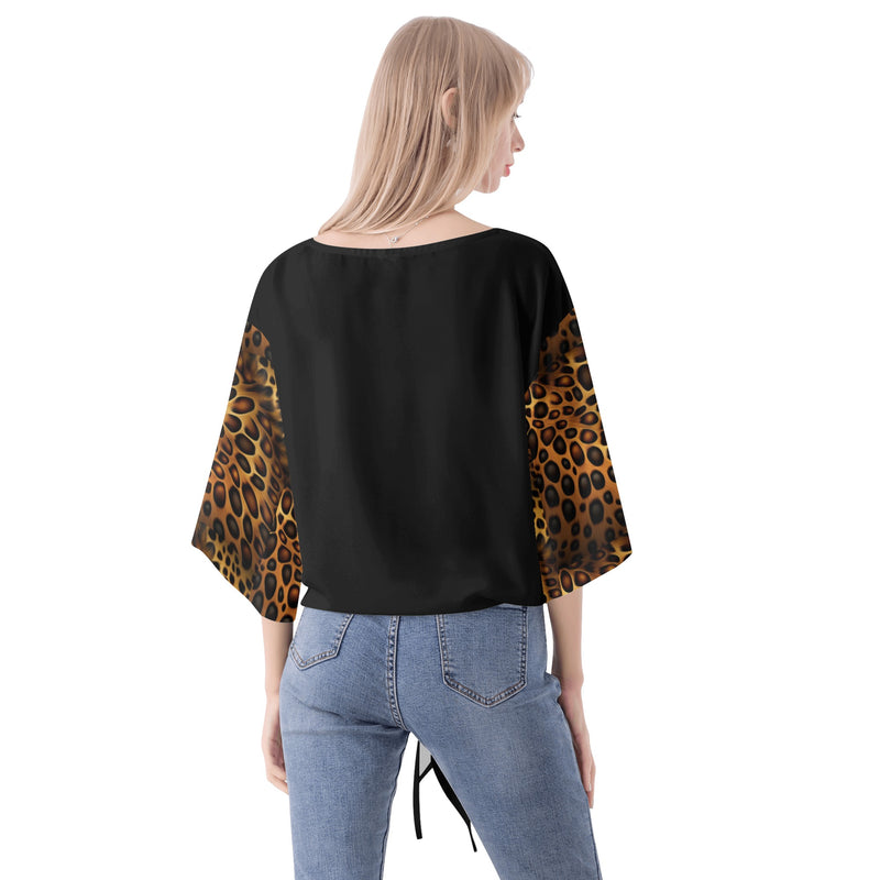 "Unleash Your Wild Side with Burkesgarb Women's Leopard Sleeve V-Neck Streamers Blouse - Embrace Elegance and Exotic Style!"