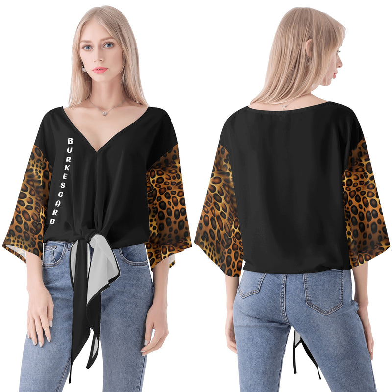 "Unleash Your Wild Side with Burkesgarb Women's Leopard Sleeve V-Neck Streamers Blouse - Embrace Elegance and Exotic Style!"