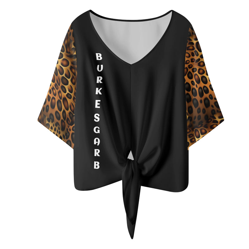 "Unleash Your Wild Side with Burkesgarb Women's Leopard Sleeve V-Neck Streamers Blouse - Embrace Elegance and Exotic Style!"