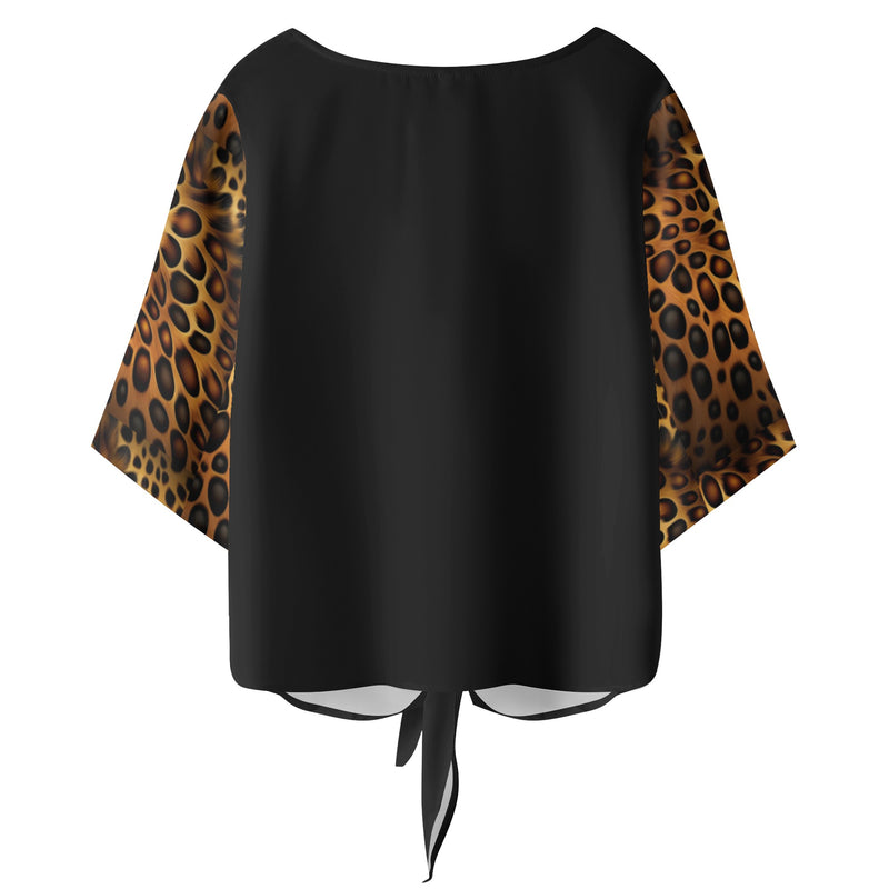 "Unleash Your Wild Side with Burkesgarb Women's Leopard Sleeve V-Neck Streamers Blouse - Embrace Elegance and Exotic Style!"