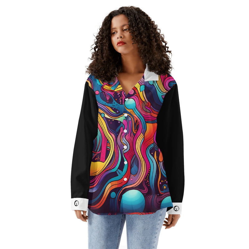 Elevate your fashion game with Burkesgarb's "Strange Rainbow" Women's Long Sleeve Button Down Shirt.