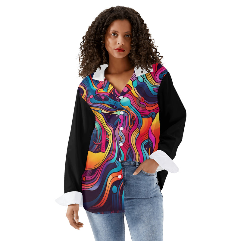 Elevate your fashion game with Burkesgarb's "Strange Rainbow" Women's Long Sleeve Button Down Shirt.