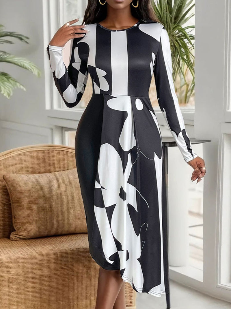 Asymmetrical Slit Round Neck Long Sleeve Midi Dress - Modern & Elegant | Burkesgarb