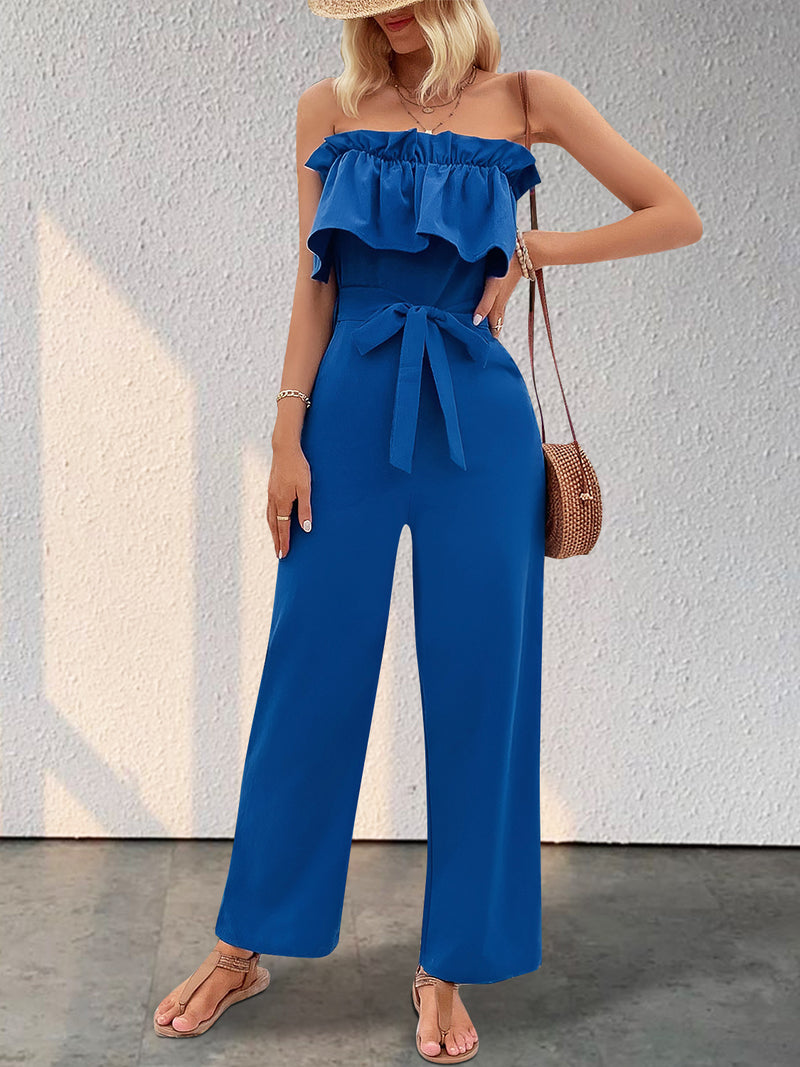 Ruffled Tie Waist Tube Jumpsuit at BurkesGarb | Tied, Pocketed, Opaque | 100% Polyester