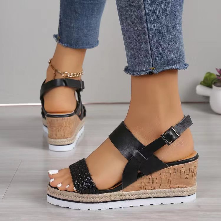 Trendy PU Leather Woven Wedge Sandals – Stylish Comfort by BurkesGarb