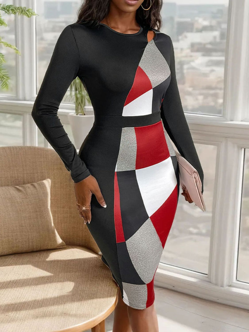 Cutout Color Block Round Neck Long Sleeve Dress - Stylish & Unique | Burkesgarb