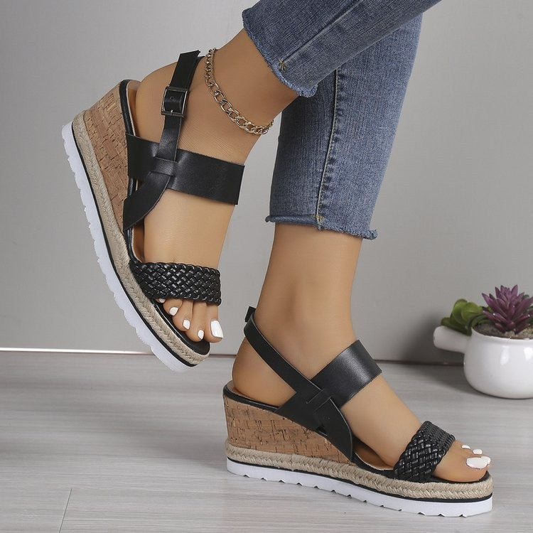 Trendy PU Leather Woven Wedge Sandals – Stylish Comfort by BurkesGarb