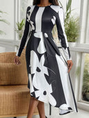 Asymmetrical Slit Round Neck Long Sleeve Midi Dress - Modern & Elegant | Burkesgarb