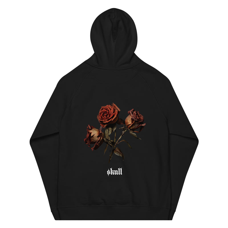 "Stay Stylish and Sustainable with Burkesgarb Rose $kull Unisex Eco Raglan Hoodie"