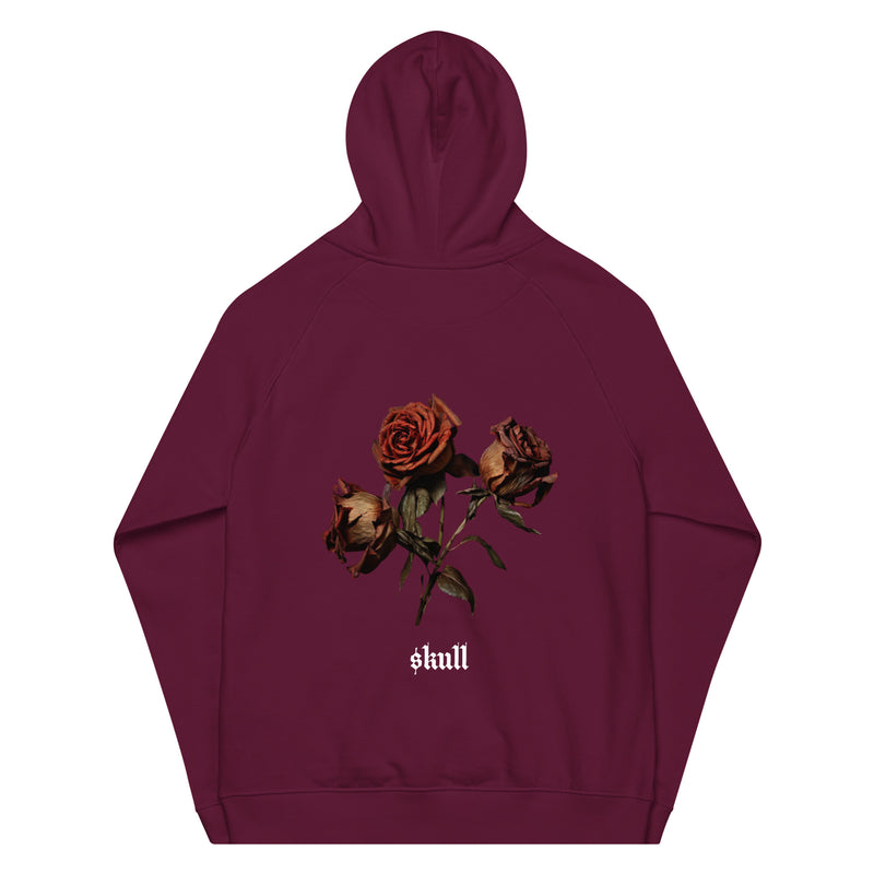 "Stay Stylish and Sustainable with Burkesgarb Rose $kull Unisex Eco Raglan Hoodie"