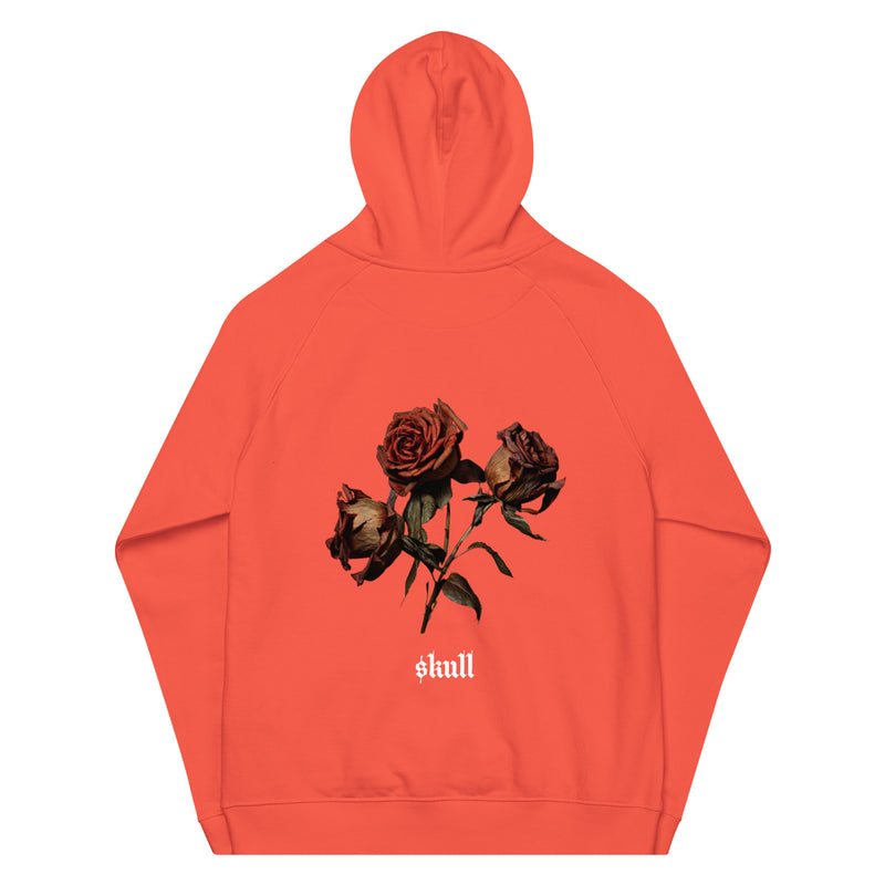 "Stay Stylish and Sustainable with Burkesgarb Rose $kull Unisex Eco Raglan Hoodie"