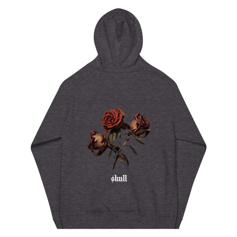 "Stay Stylish and Sustainable with Burkesgarb Rose $kull Unisex Eco Raglan Hoodie"