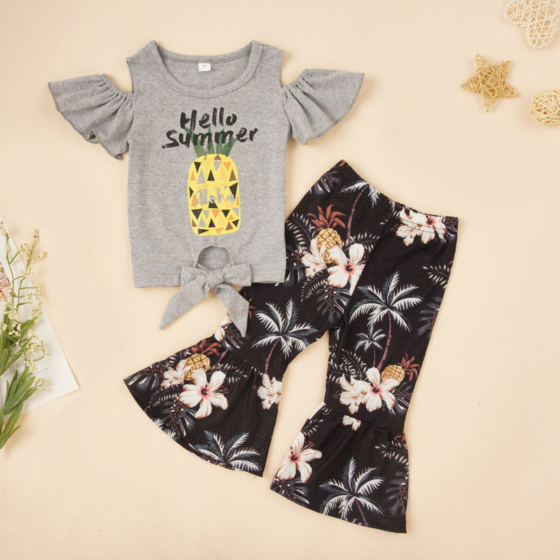 Celebrate the Season with the HELLO SUMMER Top and Floral Flare Pants Set at Burkesgarb