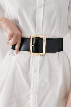 Elevate Your Style with the Sleek Rectangle Buckle Elastic Wide Belt at Burkesgarb