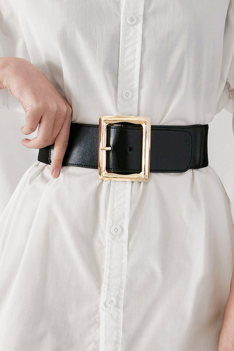 Elevate Your Style with the Sleek Rectangle Buckle Elastic Wide Belt at Burkesgarb