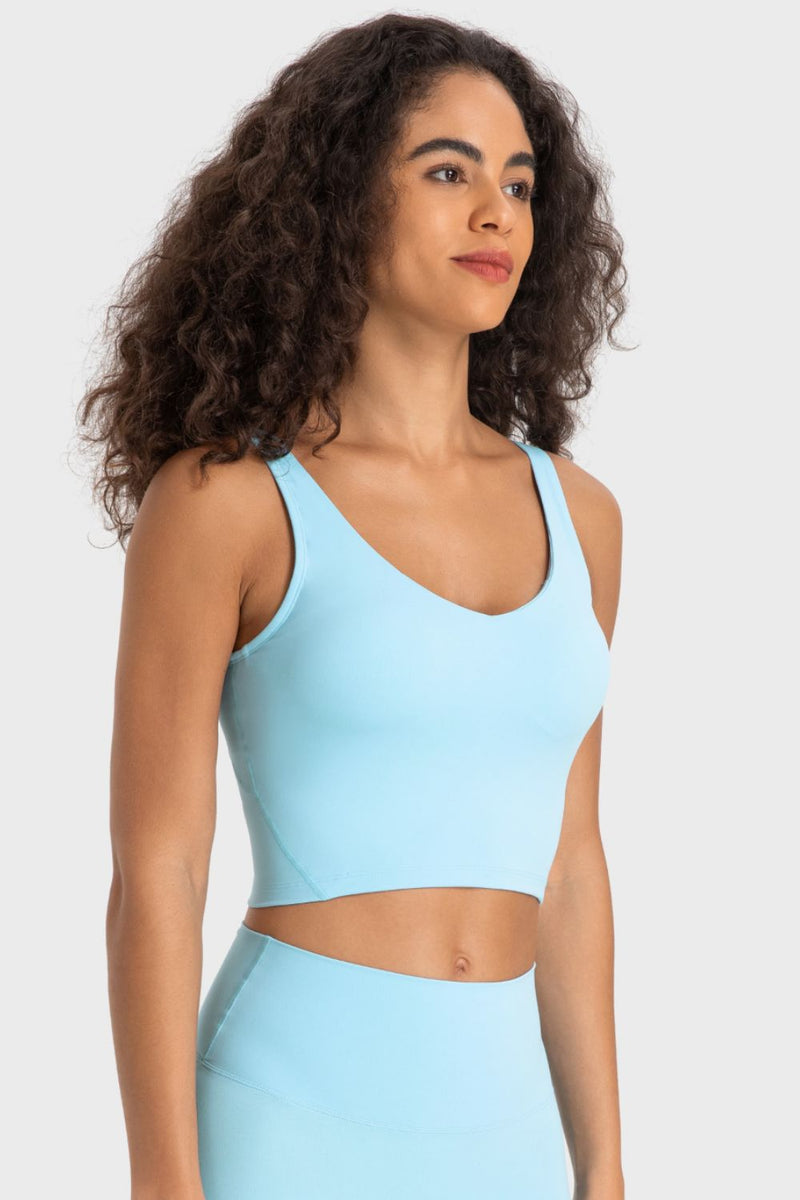 Enhance Your Workout Style with the Deep V-Neck Crop Sports Bra at Burkesgarb