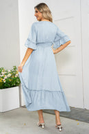 Elegance and Grace: V-Neck Flounce Sleeve Smocked Waist High Slit Dress at Burkesgarb