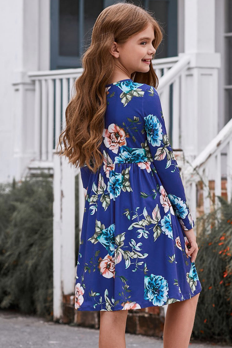 Blooming Elegance: Girls Floral Long Sleeve Dress with Pockets at Burkesgarb