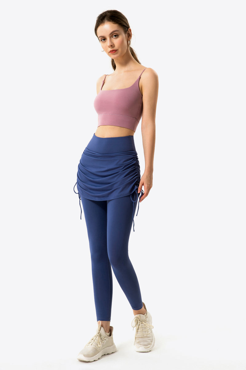 Elevate Your Wardrobe with Drawstring Ruched Faux Layered Yoga Leggings at Burkesgarb