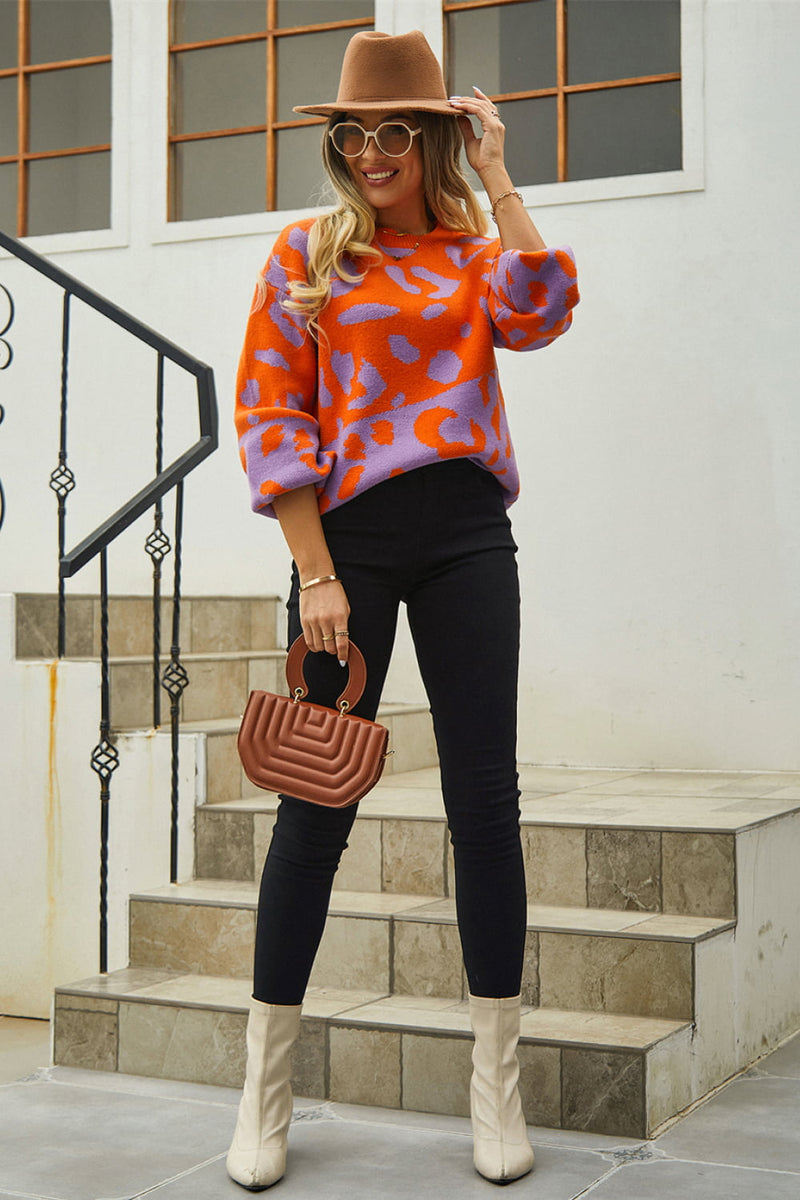 Embrace Effortless Style with the Leopard Round Neck Dropped Shoulder Sweater at Burkesgarb