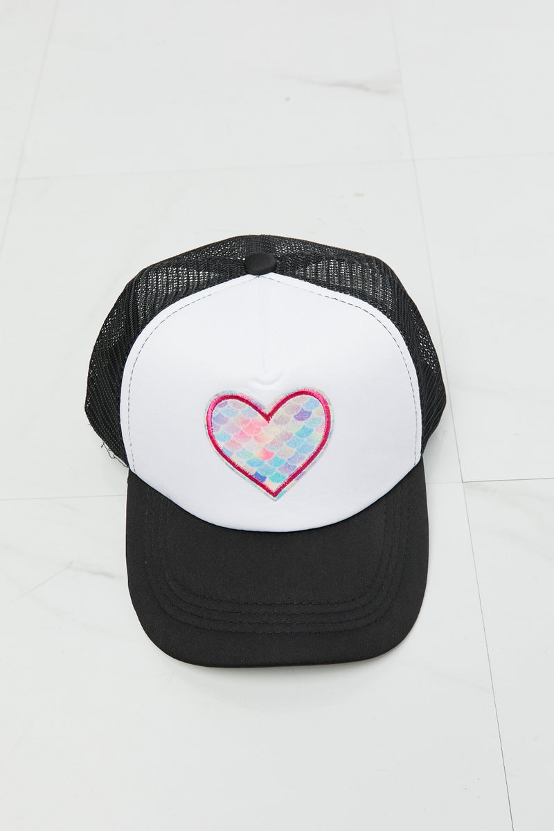"Cool and Playful: Black Trucker Hat with Heart by Burkesgarb | Stylish and Trendy Women's Accessory"