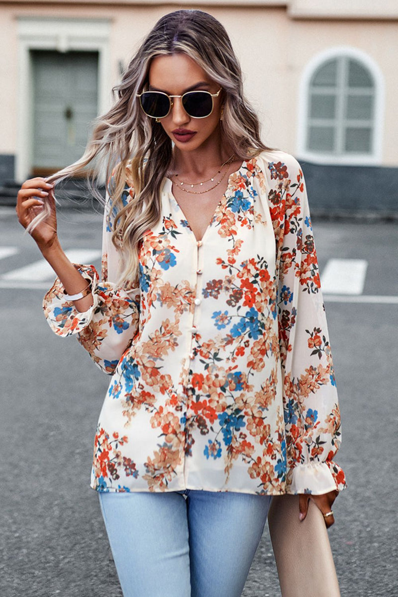 Floral Design Flounce Sleeve Blouse at Burkesgarb