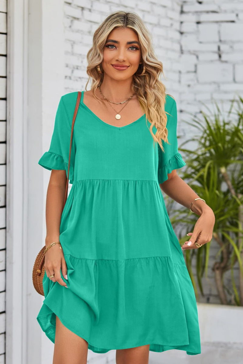 Flirty and Feminine: V-Neck Flounce Sleeve Tiered Dress at Burkesgarb