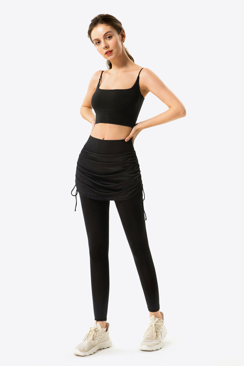 Elevate Your Wardrobe with Drawstring Ruched Faux Layered Yoga Leggings at Burkesgarb