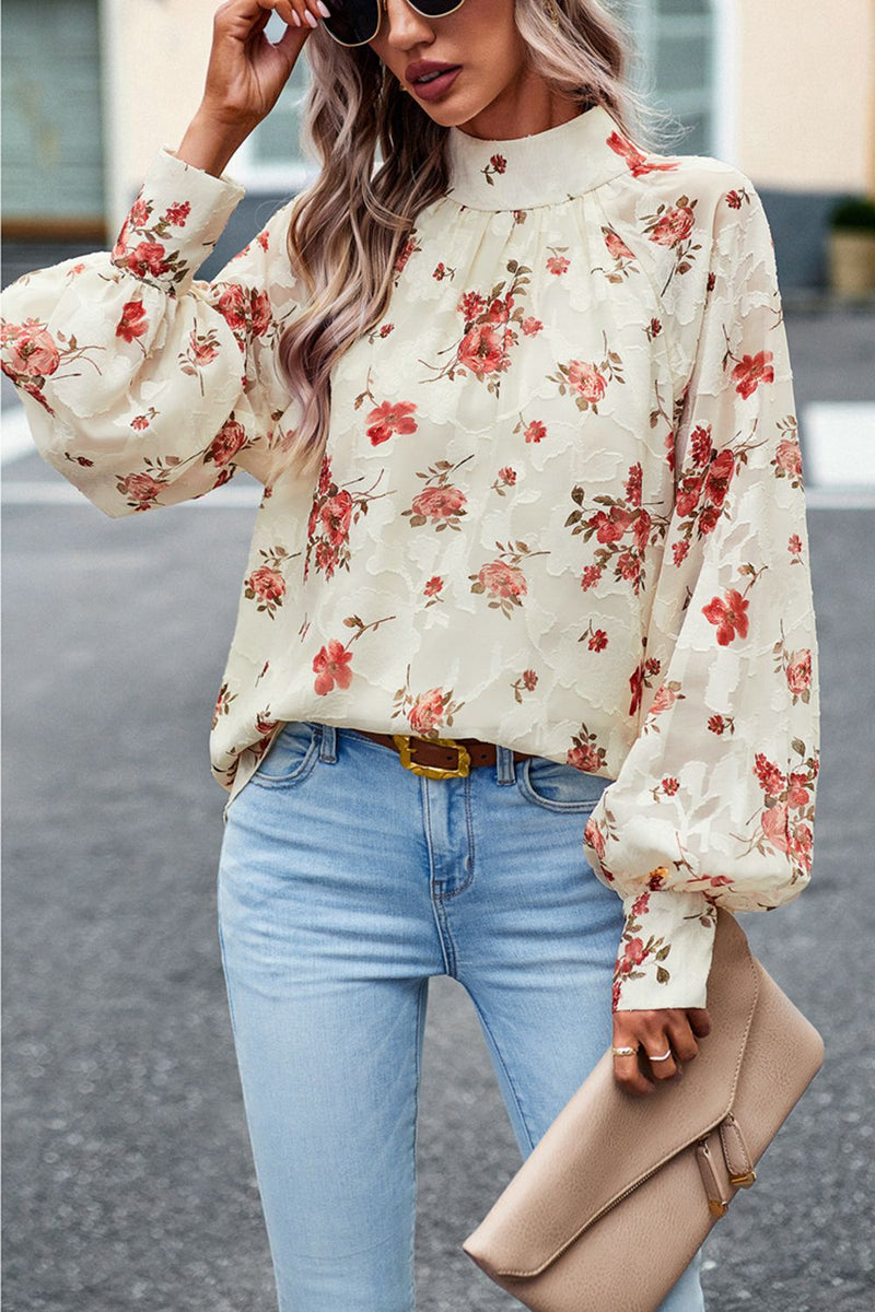 Charming and Chic: Floral Design Lantern Sleeve Blouse at Burkesgarb