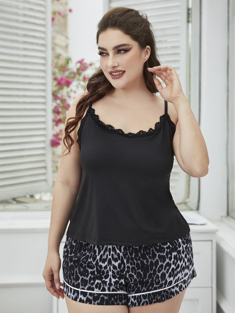 Sleep in Style with our Plus Size Neck Cami and Leopard Printed Pajama Shorts Set