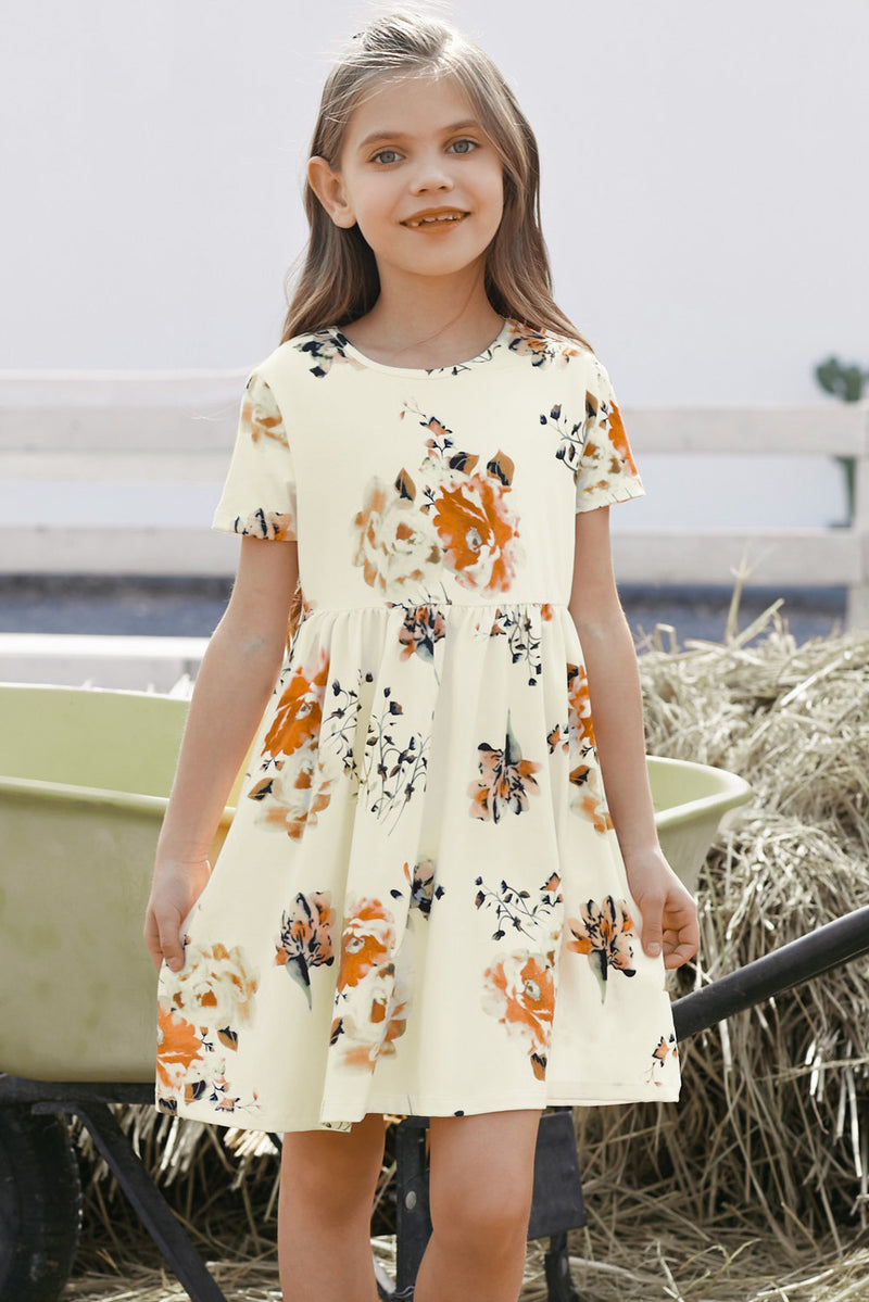 Blossoming Beauty: Girls Floral Short Sleeve Dress | Burkesgarb