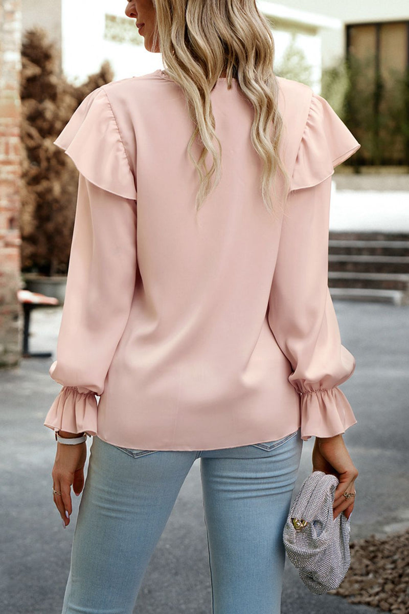 Elegant and Flirty: V-Neck Flounce Sleeve Ruffle Trim Blouse at Burkesgarb