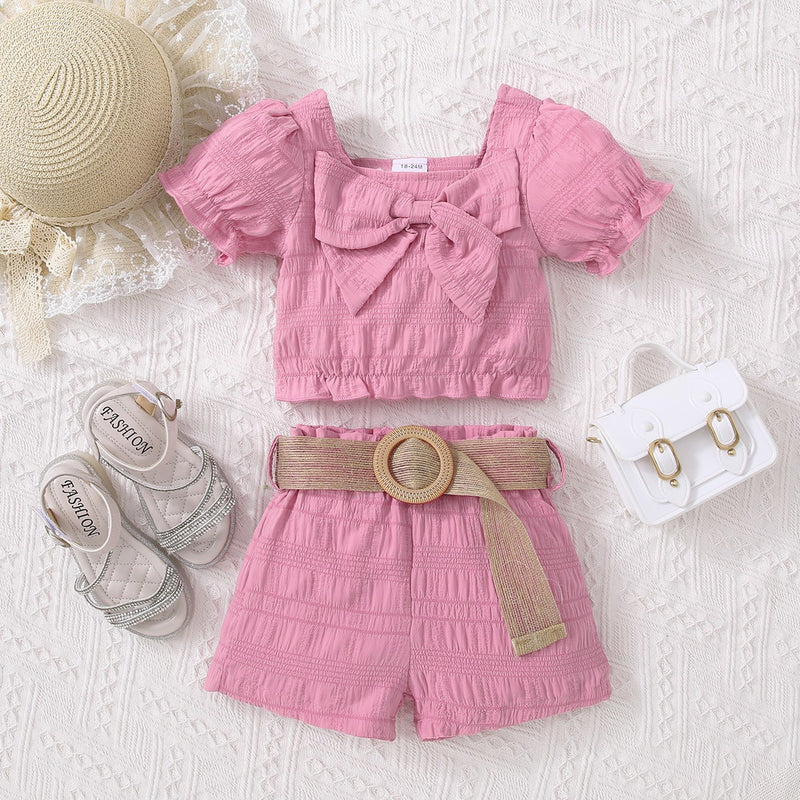 Adorable and Stylish: Kids Textured Bow Detail Top and Belted Shorts Set at Burkesgarb