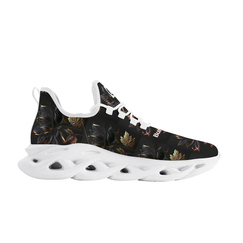 "Burkesgarb Black/Gold Rose Women's Flex Control Sneakers - Stylish and Supportive Footwear"