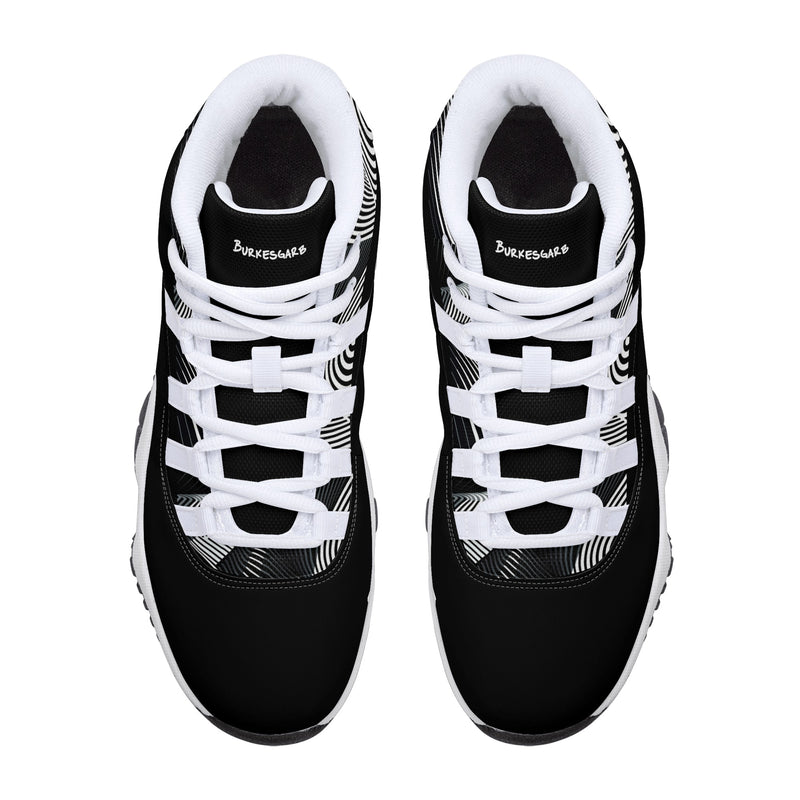 "Elevate Your Style with Burkesgarb Men's Black and White Lined Retro Basketball Sneakers"