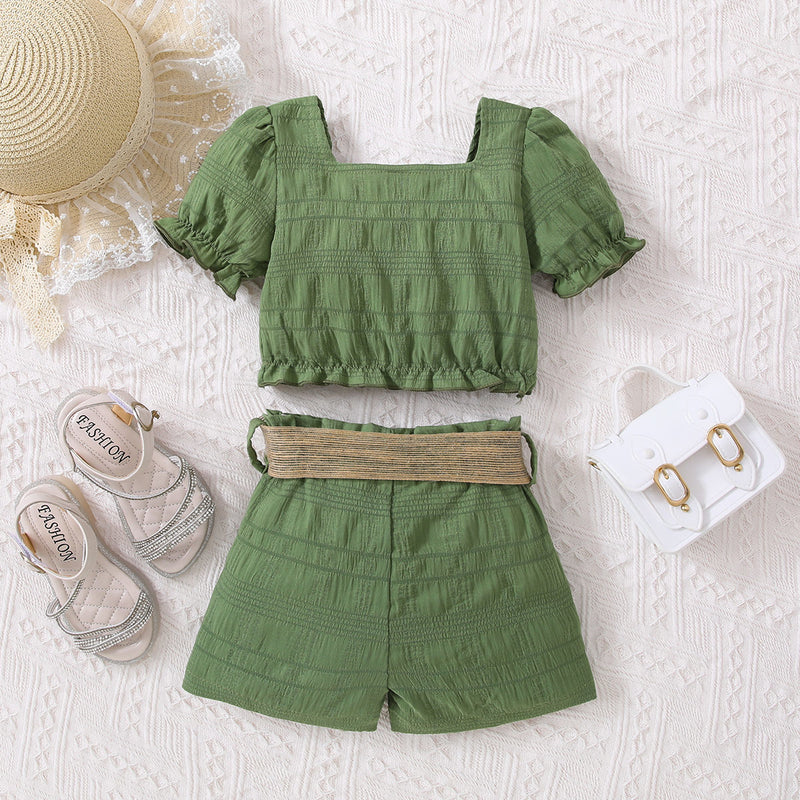 Adorable and Stylish: Kids Textured Bow Detail Top and Belted Shorts Set at Burkesgarb