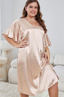 Elegance and Comfort Combined: Plus Size Flutter Sleeve V-Neck Side Night Gown at Burkesgarb