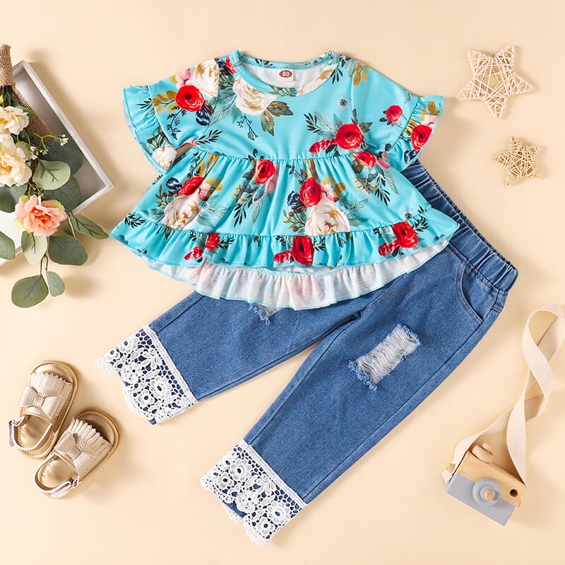 Charming and Stylish: Girls Floral Top and Lace Trim Distressed Jeans Set | Burkesgarb