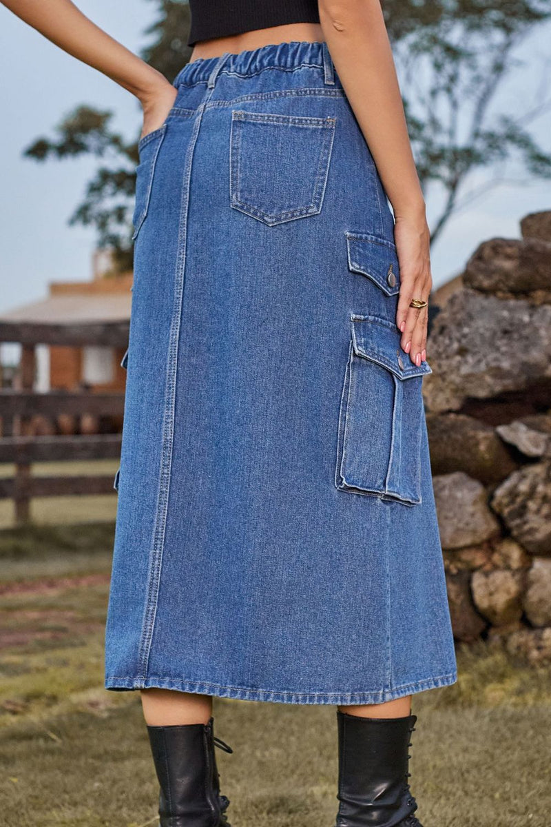 Fashionably Chic: Slit Front Denim Skirt with Pockets at Burkesgarb