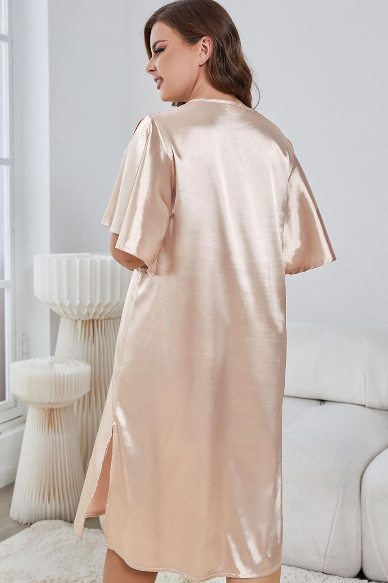 Elegance and Comfort Combined: Plus Size Flutter Sleeve V-Neck Side Night Gown at Burkesgarb