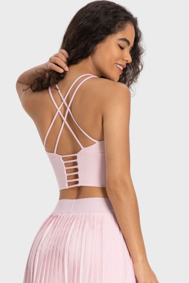 Stylish Support: Crisscross Back Ladder Detail Sports Bra at Burkesgarb