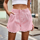 Casual Chic: Elastic Waist Raw Hem Denim Shorts at Burkesgarb