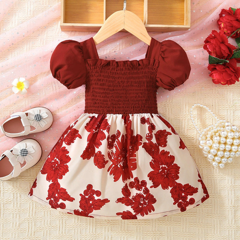 Blooming Beauty: Baby Girl Floral Frill Trim Square Neck Smocked Dress at Burkesgarb