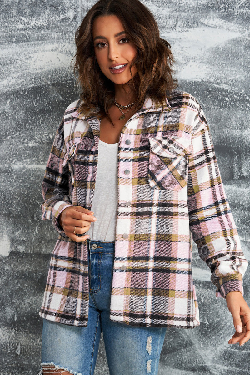 Double Take Plaid Button Front Shirt Jacket at Burkesgarb - Embrace Cozy and Chic Style
