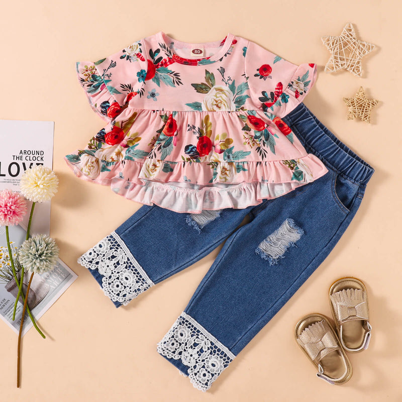 Charming and Stylish: Girls Floral Top and Lace Trim Distressed Jeans Set | Burkesgarb